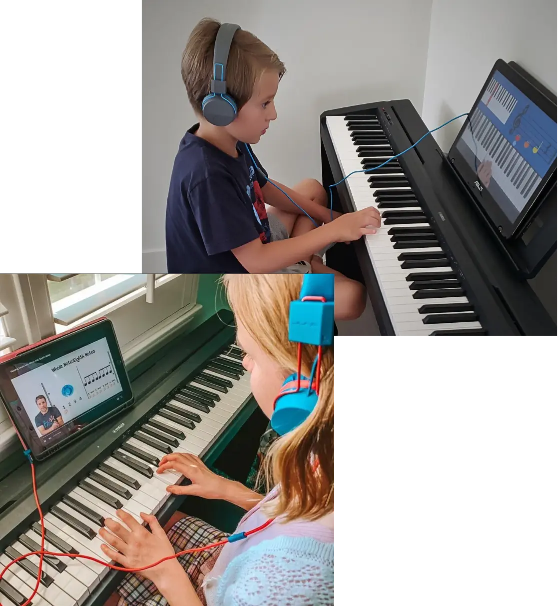 Children playing piano with video lessons